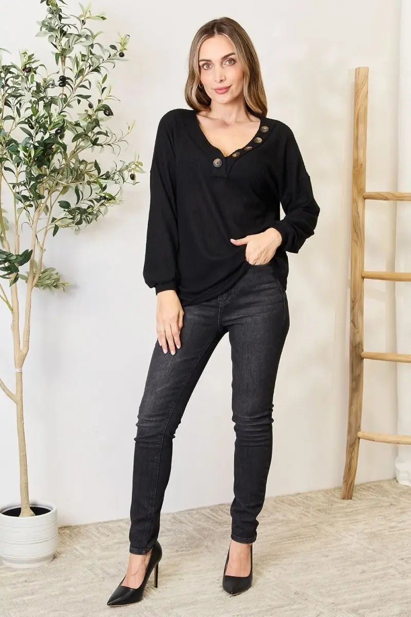 Zenana Buttoned Long Sleeve Blouse - Love Salve